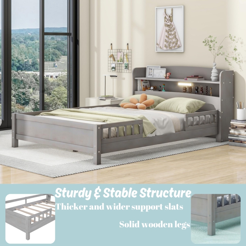 Full Bed Grey Storage Headboard Integrated LED Light Guardrails