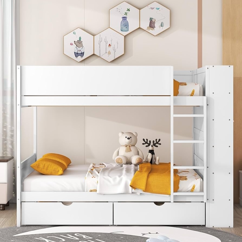 Full Over Full Bunk Bed with Side Storage Cabinet and Drawers