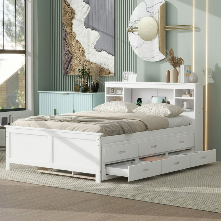 Full Platform Bed with Trundle, Storage Drawers, and USB Charging Ports