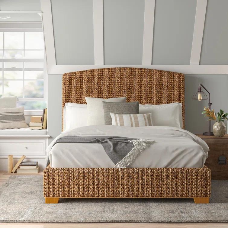 Fully Woven Rattan Bed Arched Headboard Honey Brown Finish Coastal