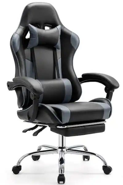 Gaming Chair, Racing Bolstered Silhouette, Black and Gray, Chrome Base