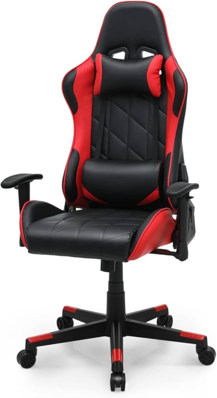 Gaming Chair, Red Accented Base, Diamond Quilted Backrest, Black and Red