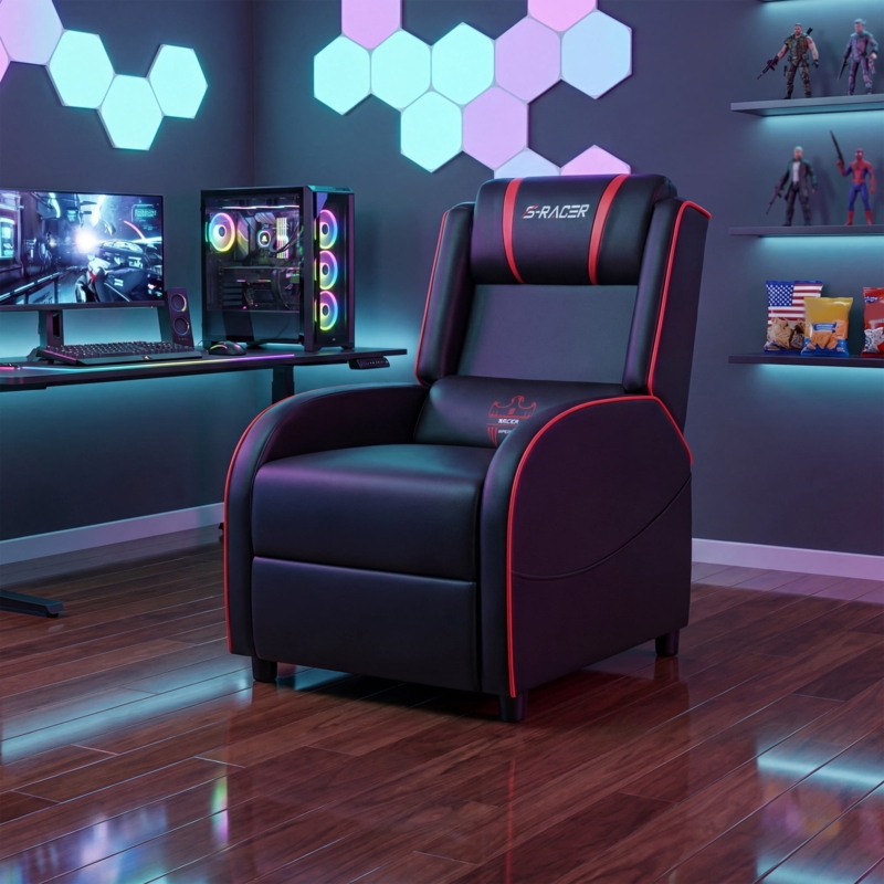 Gaming Recliner Black Red Piping Racing Silhouette Neon Glow