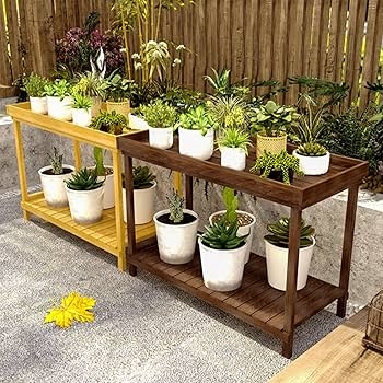 : Garden Pot Bench Table, 2-Tier Plant Shelf,Indoor Outdoor Flower  Pot Display Shelf Rack, Multiple Ladder Stand Planter Holder (Color : Grey,  Size : 140x60x85cm) : Patio, Lawn & Garden