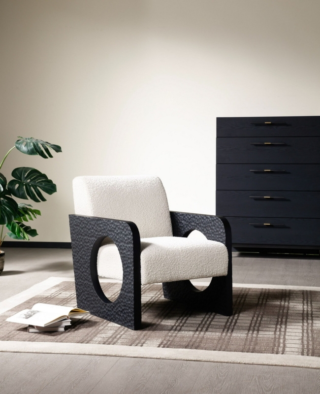 Geometric Accent Chair Circular Cutouts Hammered Frame Boucle
