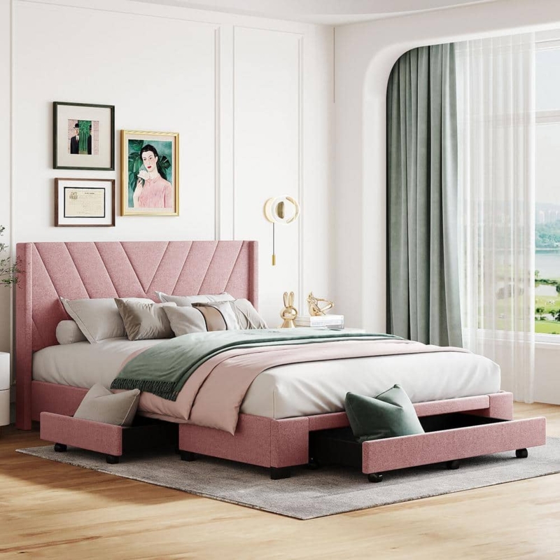 Geometric Wingback Platform Bed with Integrated Storage Drawers