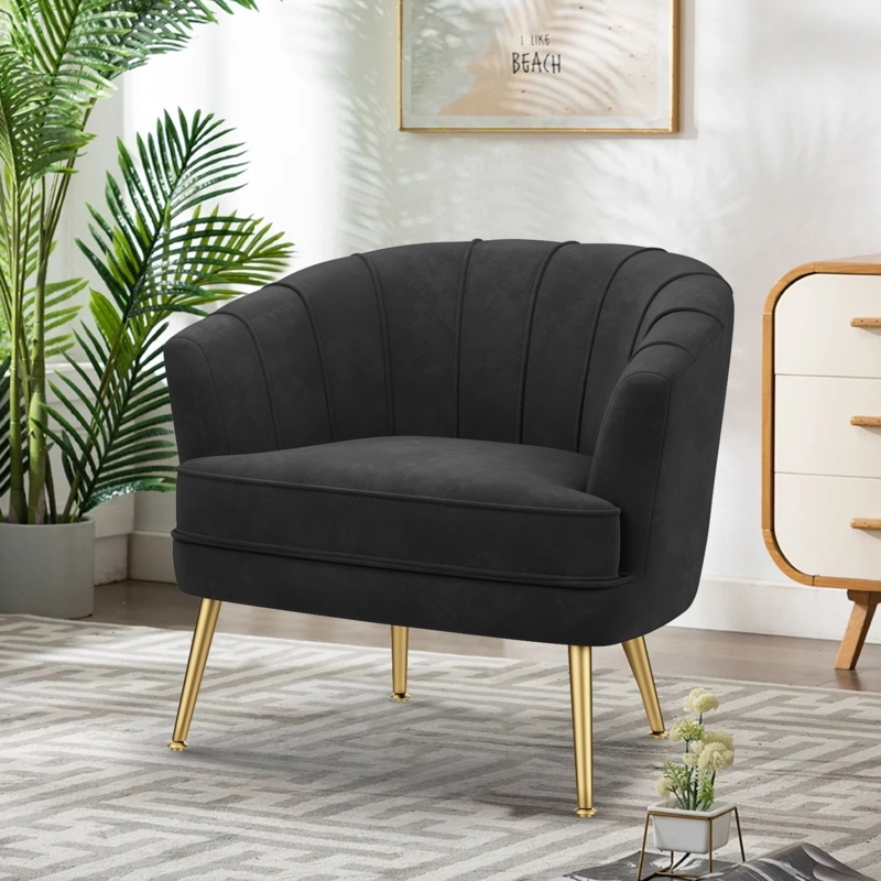 Glam Accent Chair with Scalloped Channel Tufted Back and Tapered Legs