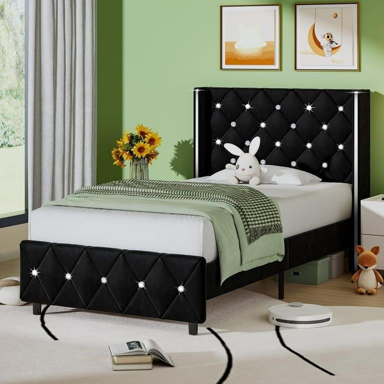Glam Bed Frame in Black Velvet with Rhinestone Button Tufting