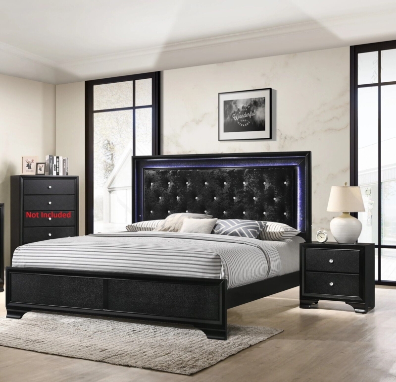 Glam Bed with LED Lighting & Crystal Tufting - Black Bedroom Set