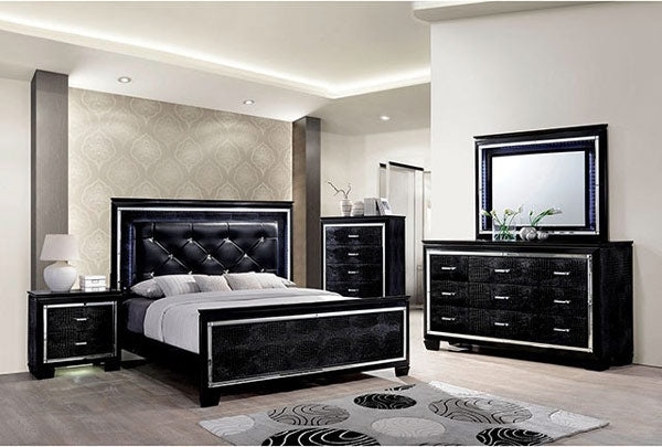 Glam Bedroom Set Crocodile Textured Panels Chrome Trim LED