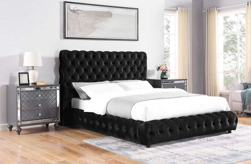 Glam Black Tufted Platform Bed with Mirrored Nightstands