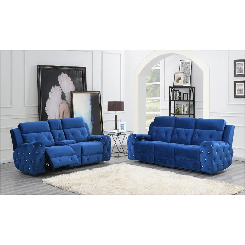Glam Blue Velvet Power Reclining Sofa Set with Diamond Crystal Tufting