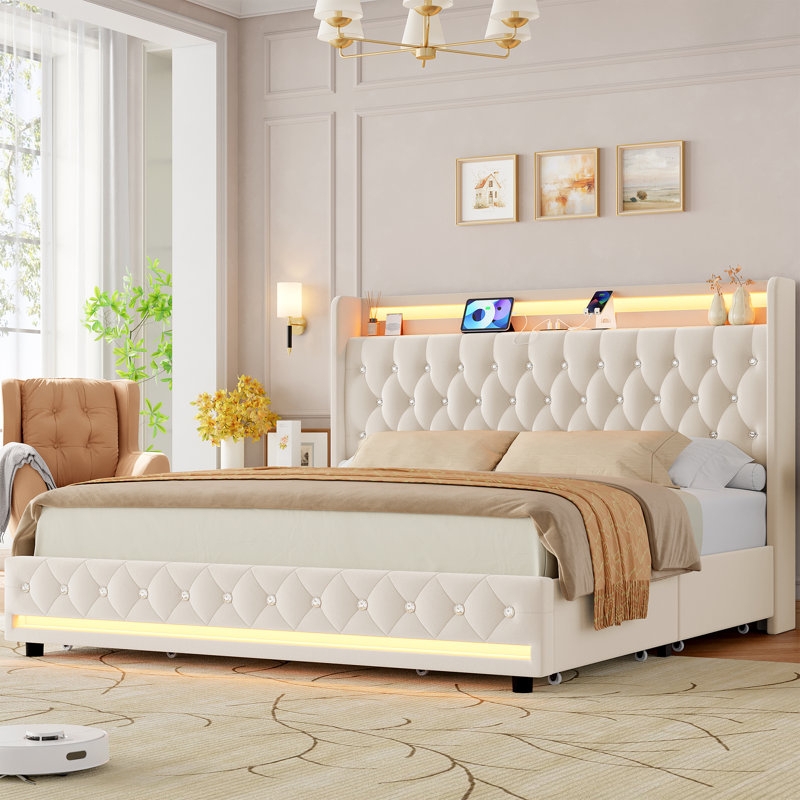 Glam Cream Upholstered Bed with Headboard Charging Shelf and LED