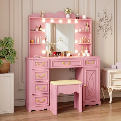 Glam Dressing Table with Hollywood Mirror, Storage Cabinet, Gold Hardware