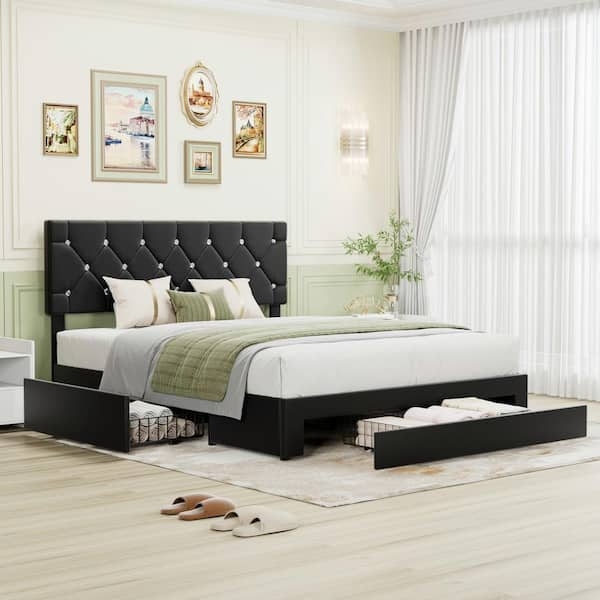 Glam Faux Leather Bed with Diamond Tufting and Crystal Buttons