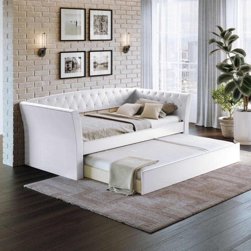 Glam Faux Leather Upholstered Daybed with Diamond Button Tufting