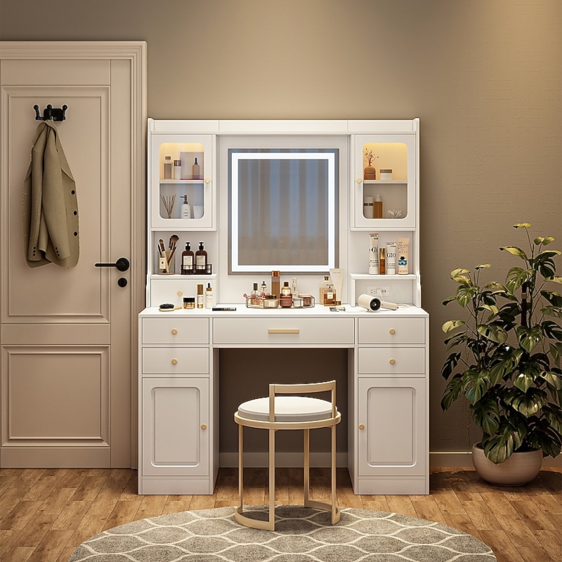 Glam Makeup Vanity: Glass-Fronted Cabinets, LED Mirror & Hutch
