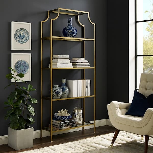 Glam Metal Etagere Bookcase with Decorative Arched Crown Molding