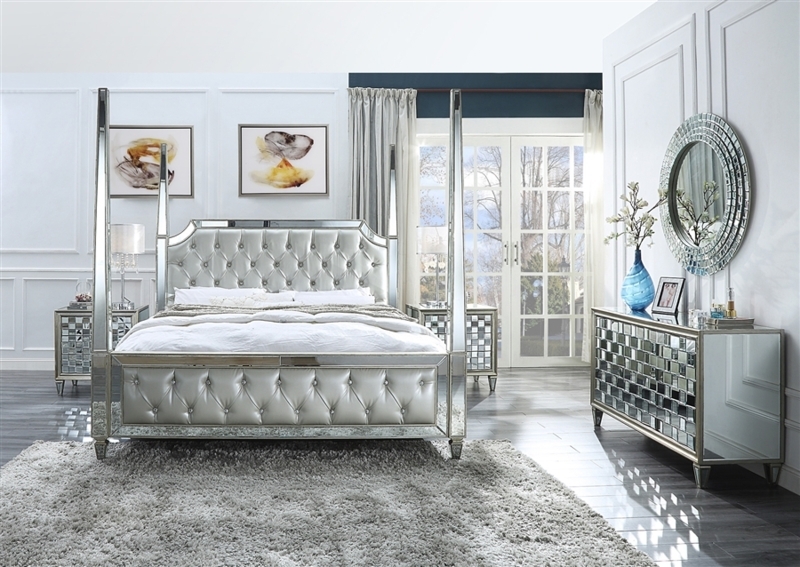 Glam Mirrored Canopy Bed with Silver Tufted Upholstery and Mosaic Accents