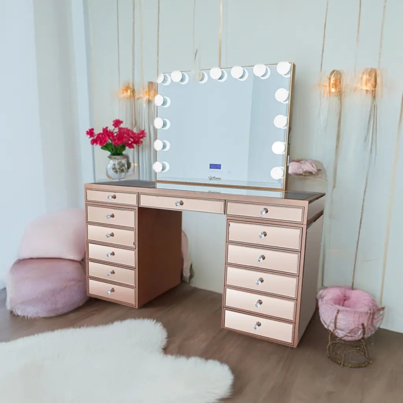 Glam Mirrored Makeup Vanity with Hollywood Bulbs and Glass Top