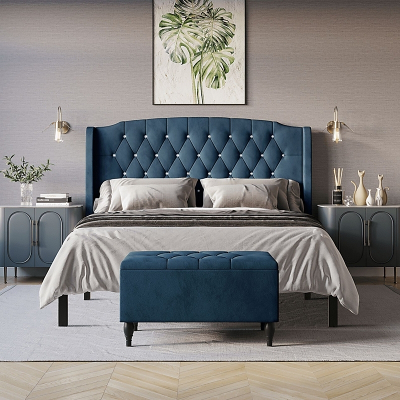 Glam Navy Velvet Upholstered Bed with Crystal Button Tufting