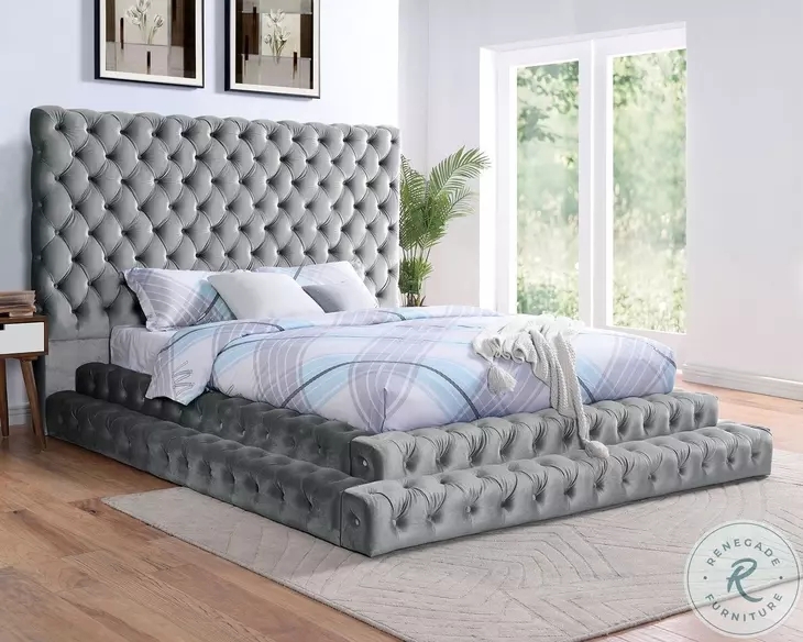 Glam Platform Bed Gray Diamond Tufted Extra High Headboard Tiered Base