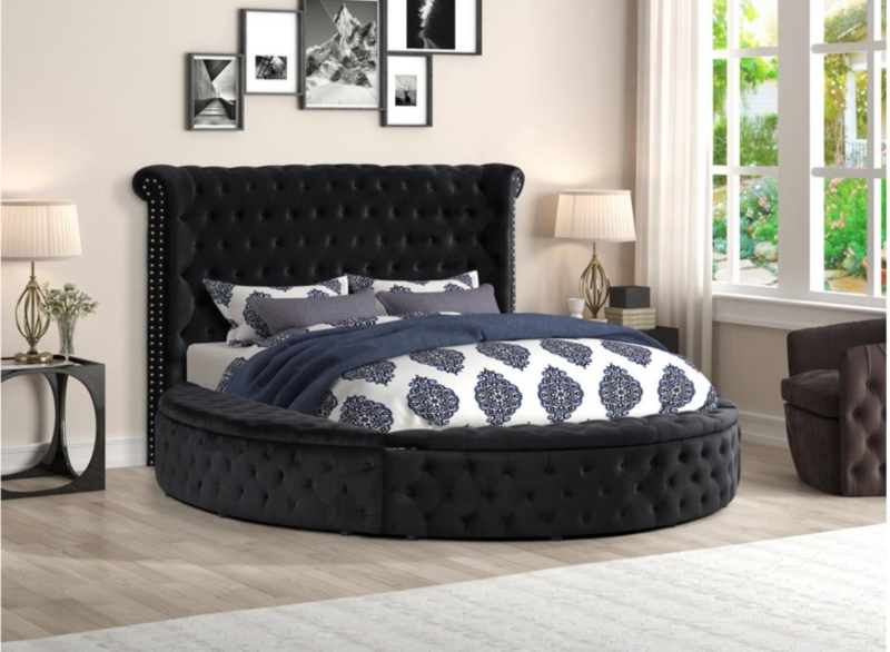 Glam Round Bed with Wingback Headboard and Nailhead Trim