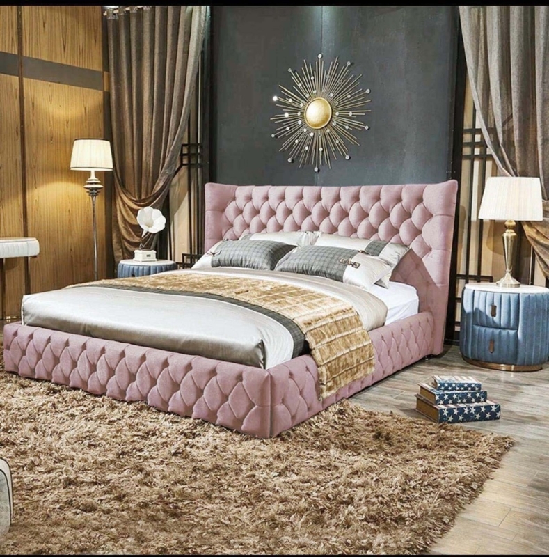 Glam Silver Velvet Bed Frame, Wingback with Channel Tufting