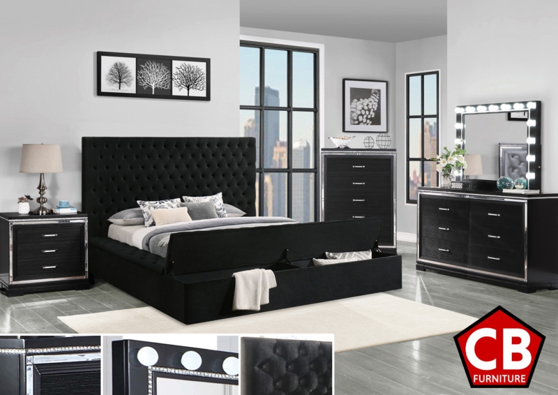 Glam Storage Bed Set including Dresser with Lighted Vanity Mirror