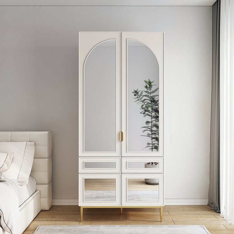 Glam Style Armoire with Arched Mirrored Panels and Gold Tapered Legs