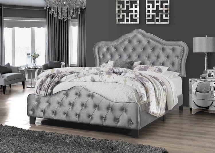 Glam Upholstered Bed Frame with Camelback Headboard and Silver Nailhead Trim