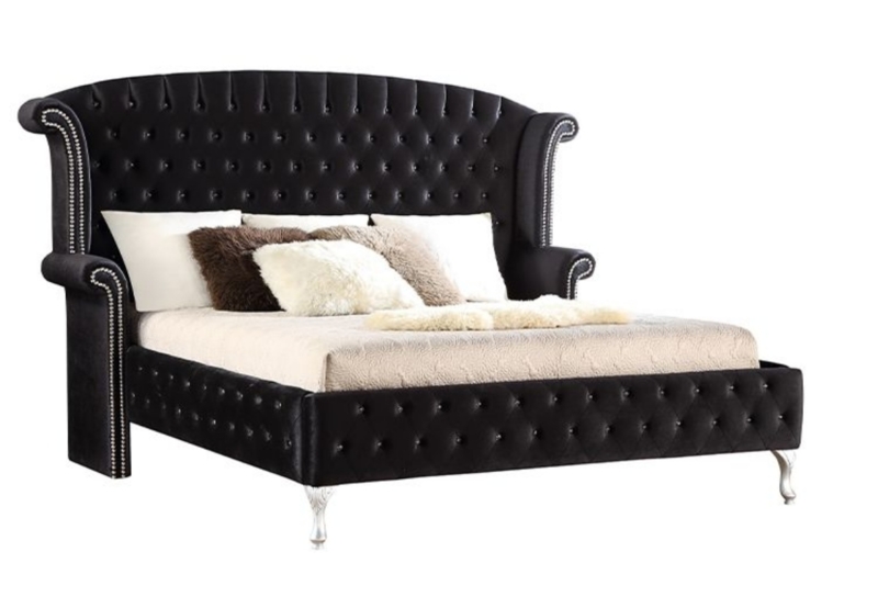 Glam Upholstered Bed Silver Ornate Feet Black Wingback Button Tufting