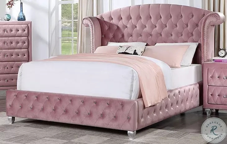 Glam Upholstered Bed with Rolled Wing Detail and Silver Cabriole Legs