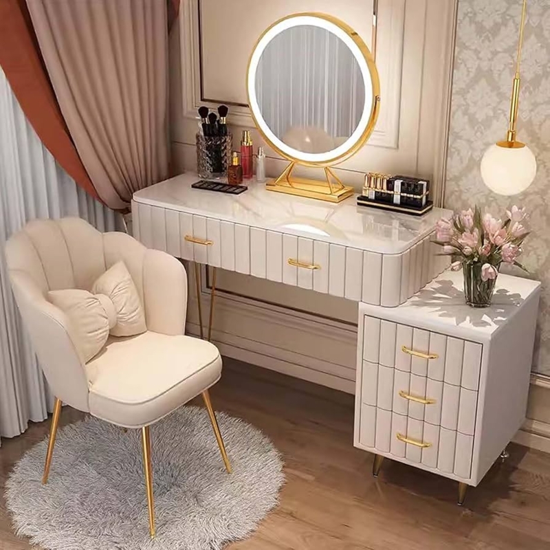 Glam Vanity Desk Set with Fluted Details and Scalloped Chair