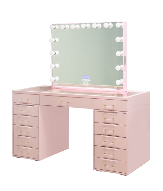 Glam Vanity Set with Hollywood Mirror, Thirteen Drawers, Glass Top