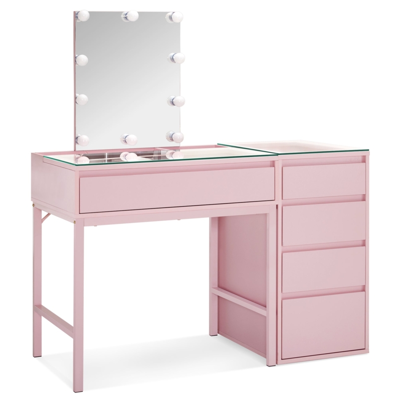 Glam Vanity Table with Hollywood Lights and Transparent Glass Display
