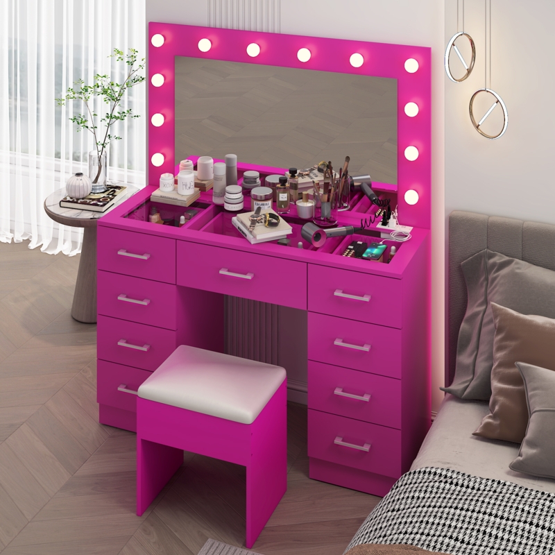 Glam Vanity with Glass Top Drawers and Globe Lights