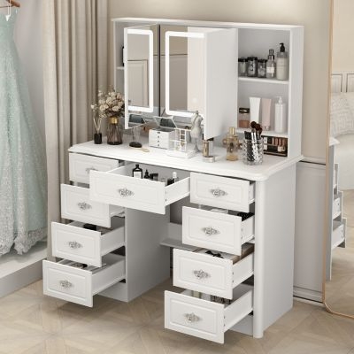 Glam White Vanity Triple Mirror Hutch Carved Metal Handles