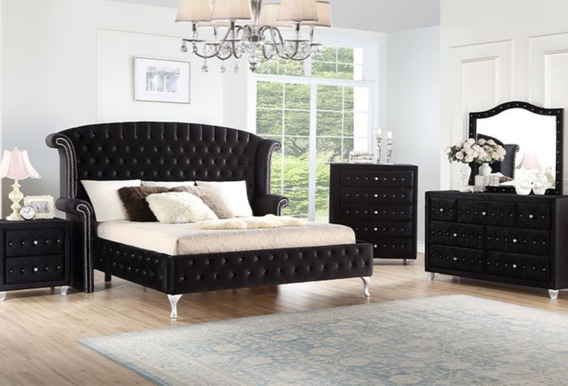 Glam Wingback Bed Set Black Velvet-like Upholstery with Jeweled Buttons
