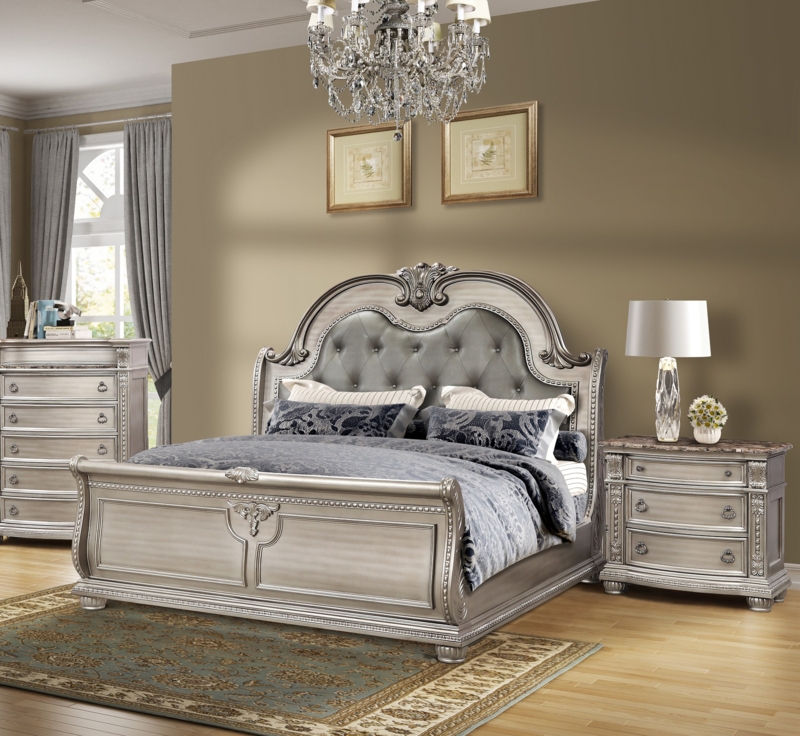 Glamorous Antique Silver Sleigh Bed with Metallic Finish and Tufting