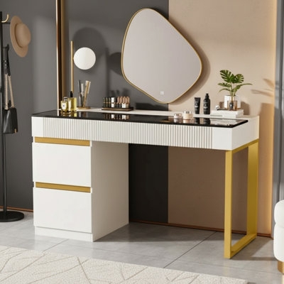 Glass Top Dressing Table with Four Drawers and Gold Legs