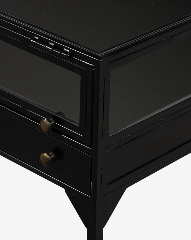 Glass Top Nightstand, Hinged Lid, Antique Brass Knobs, Metal Frame
