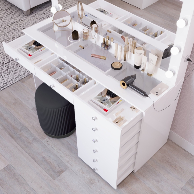 Glass Top Vanity with Hollywood Lights & Drawer Tower Stool