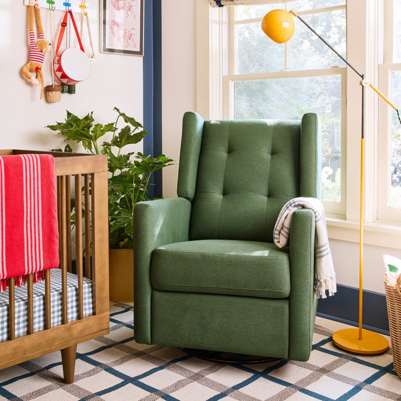 Glider Recliner Chair Sage Green Wingback Swivel Button Tufted Nursery