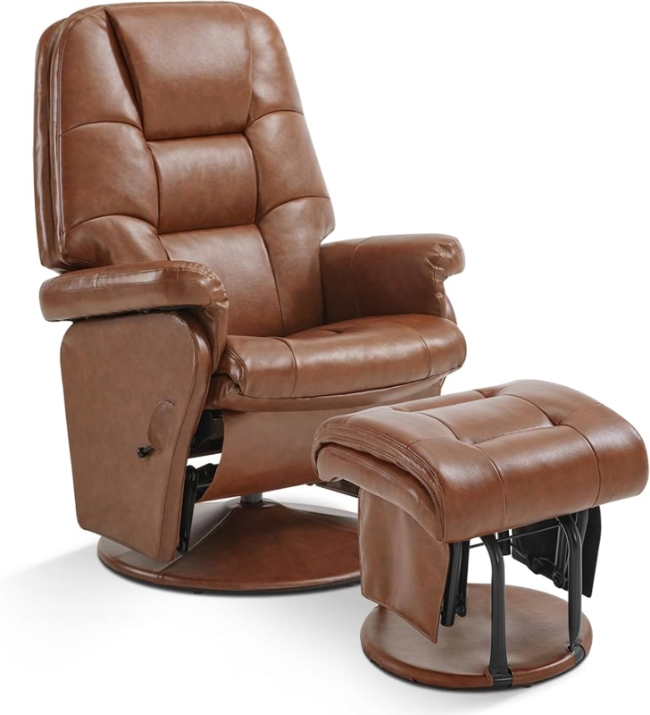 Glider Recliner Set Warm Brown Faux Leather Swivel Motion Ottoman