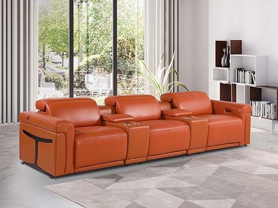 Global United Furniture 1126, 5 piece Power Reclining Italian Leather Sofa  with Console Set in Orange color.