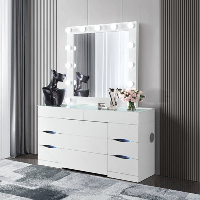 Gloss White Vanity with Blue LED Drawer Accents & Speakers