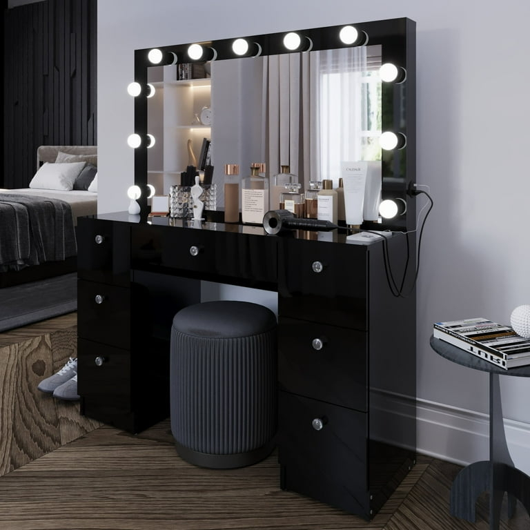 Glossy Black Vanity Desk with Seven Drawers & Hollywood Mirror