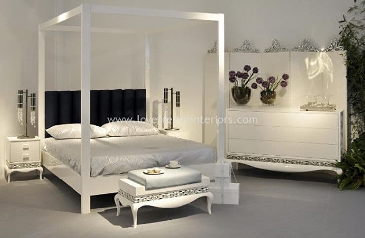 Glossy Canopy Bed with Navy Channel Tufted Headboard & Silver Trim