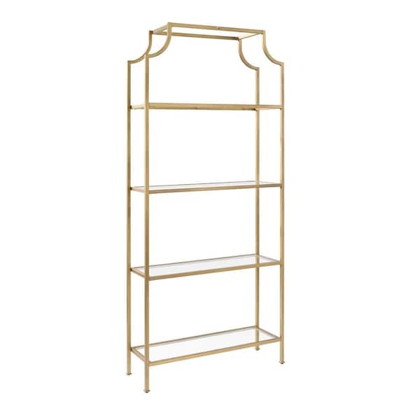 Gold Arched Top Etagere Bookcase with Glass Shelves and Glam Style